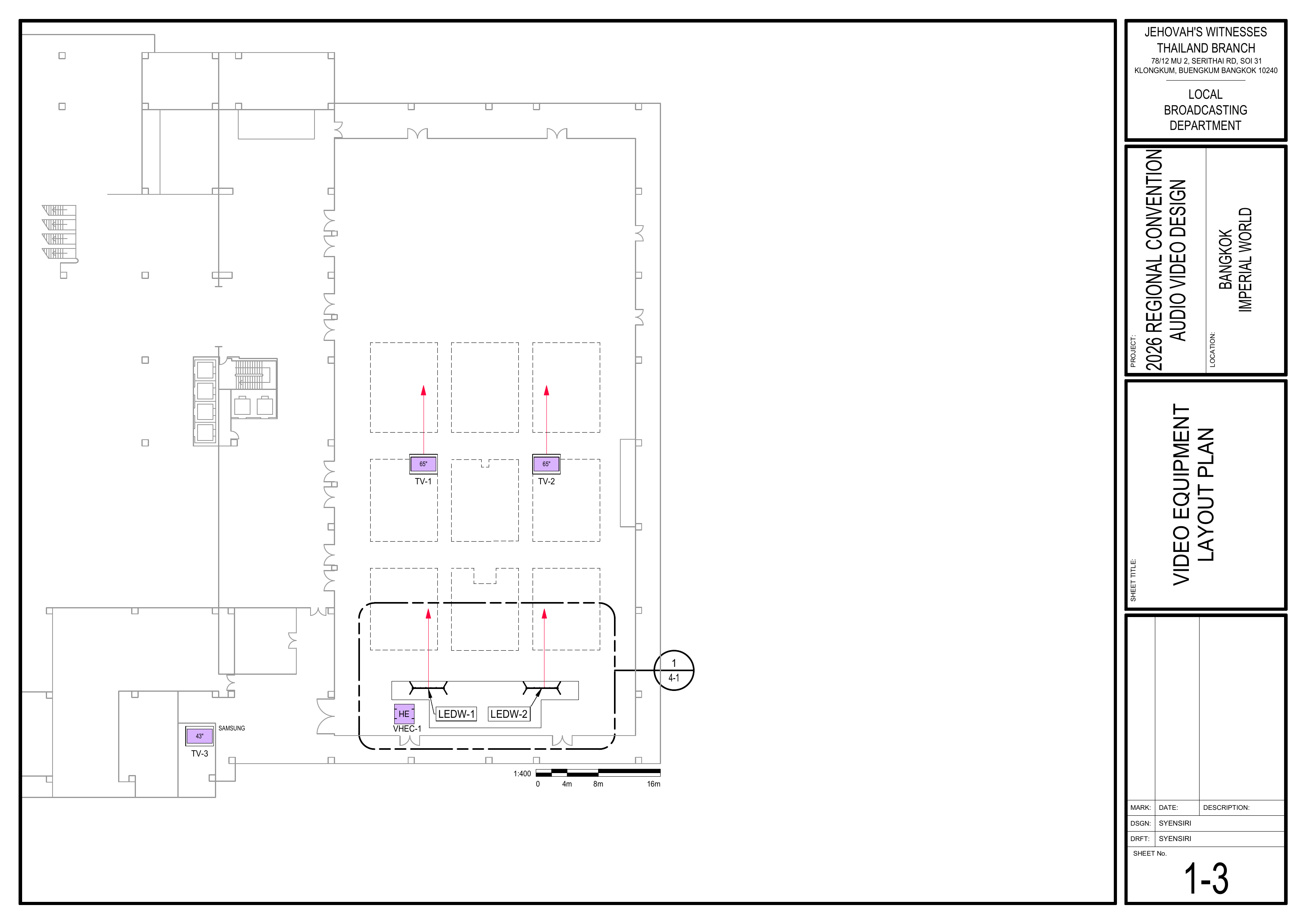 1-3 Video Equipment Layout Plan showing video headend, LED walls, and display monitor locations / 视频设备布局图,显示视频主控、LED 屏幕及显示器位置