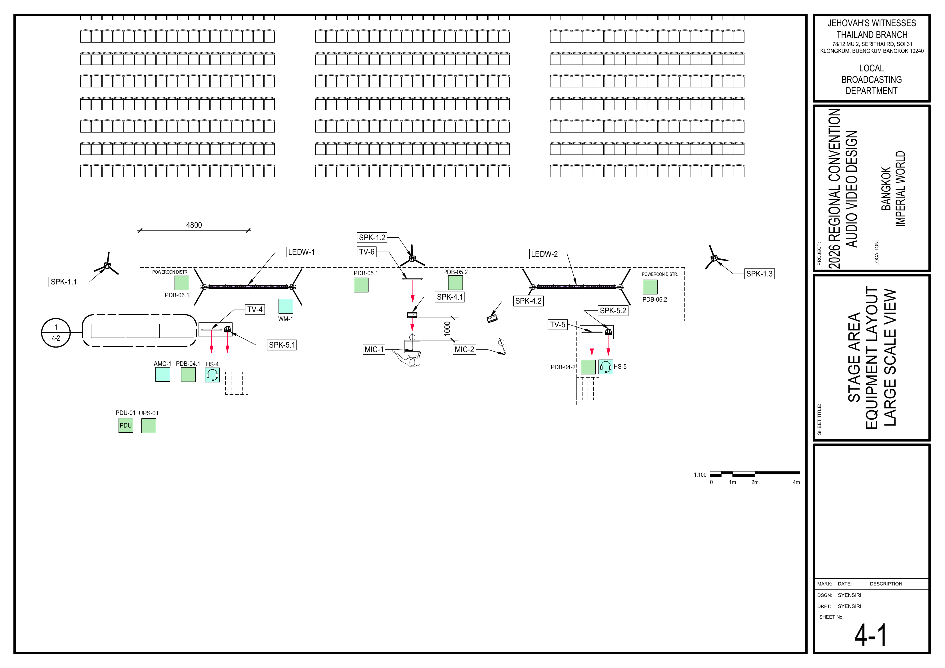 4-1 Stage Area Equipment Layout Large Scale View showing microphones, speakers, monitors, LED walls, and power distribution around the stage / 舞台区域设备布局大比例图,显示麦克风、扬声器、显示器、LED 屏幕及舞台电源分配