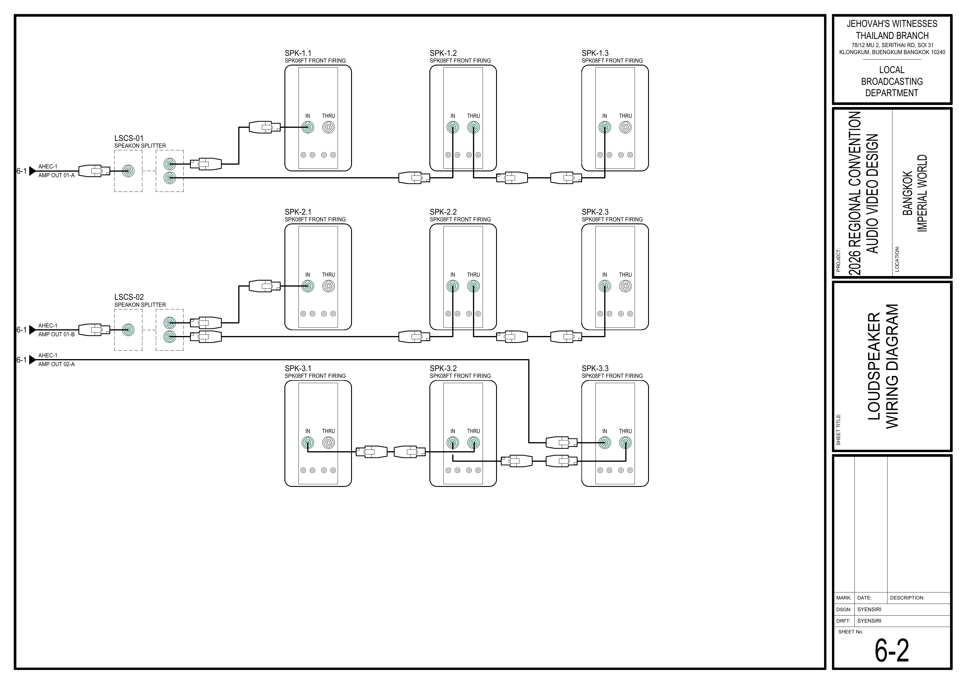 6-2 Loudspeaker Wiring Diagram showing SPK08FT loudspeaker connections, SpeakON splitters, and amplifier outputs / 扬声器接线图,显示 SPK08FT 扬声器连接、SpeakON 分配器及功放输出