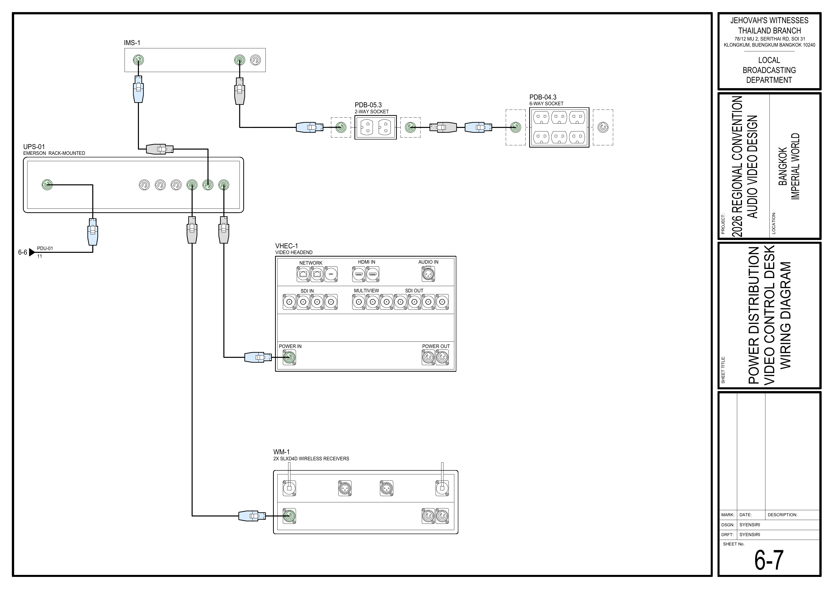 6-7 Power Distribution Video Control Desk Wiring Diagram showing UPS-01, VHEC-1, wireless receivers, intercom master unit, and video control desk power connections / 视频控制台电源接线图,显示 UPS-01、VHEC-1、无线接收器、对讲主机及视频控制台电源连接