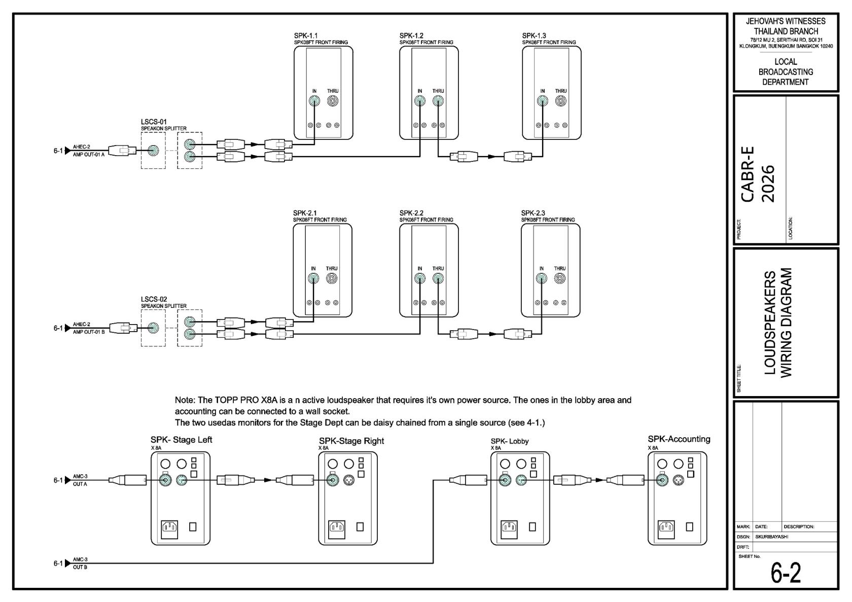 CABR-2026 Sheet 6-2 showing LSCS-01 and LSCS-02 speakON splitters and loudspeaker wiring